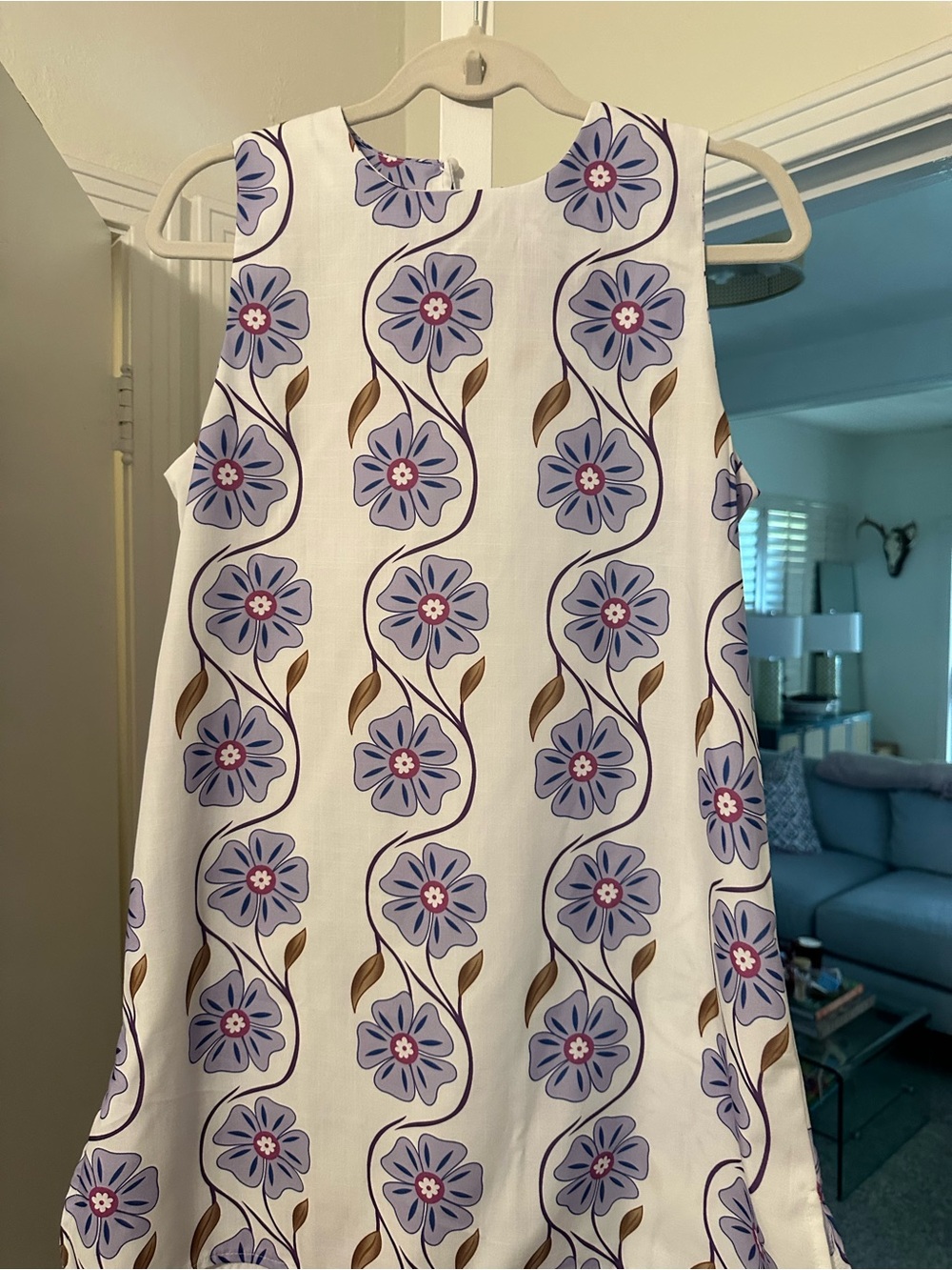 Amazon White Dress with Blue Floral Print and Brown Leaves